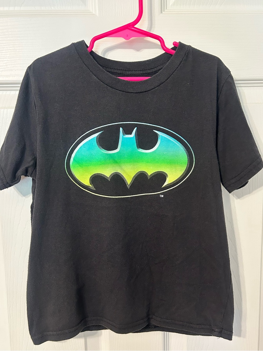 Boys, Batman, Black Tee with Blue-Green Gradient Logo, Small